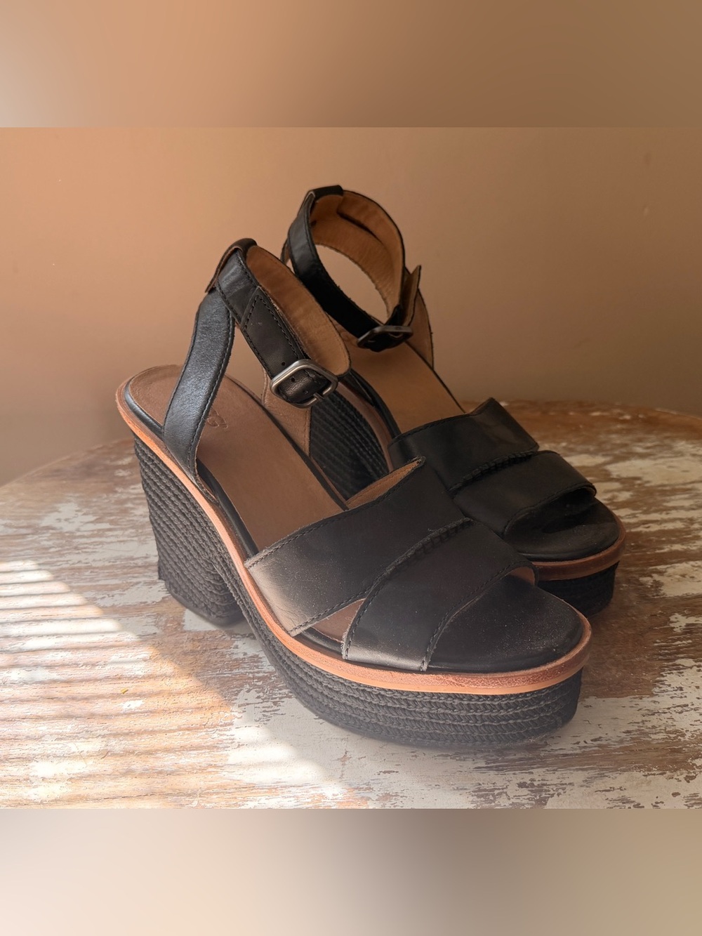 UGG Black Platform Wedge Sandals with Ankle Strap